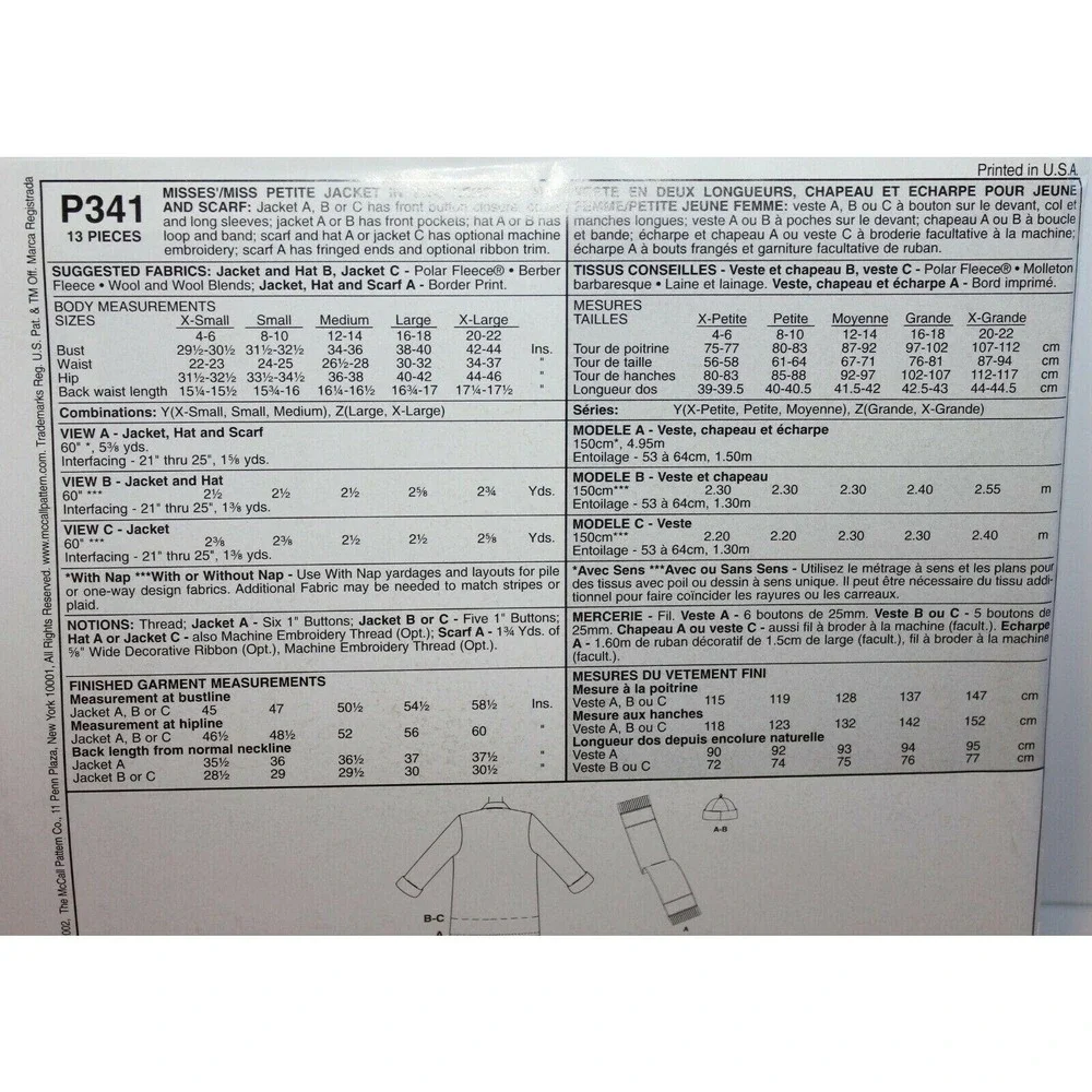 McCalls Sewing Pattern P341 Misses‎ Jacket Scarf Size XS-Med Petite